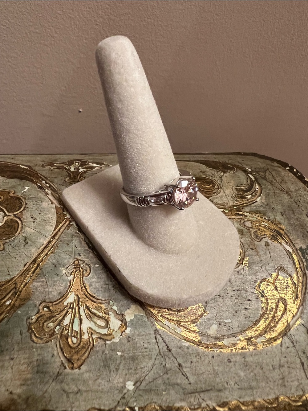 Classic Light Pink CZ Solitaire Ring in Silver Tone with Baguettes Size 7 - Picture 6 of 6